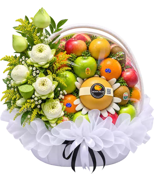 Giỏ Trái Cây Phối Hoa Trắng Xanh