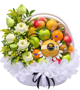 Giỏ Trái Cây Phối Hoa Trắng Xanh