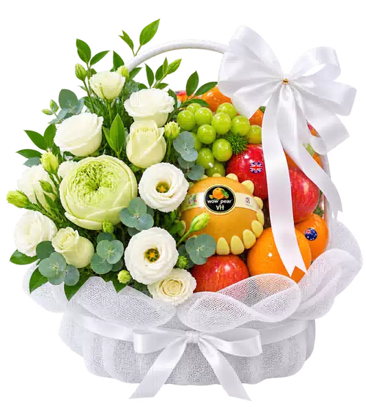 Giỏ Trái Cây Phối Hoa Trắng Xanh