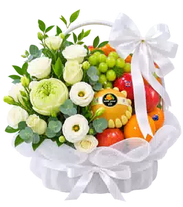 Giỏ Trái Cây Phối Hoa Trắng Xanh