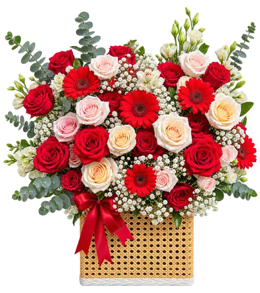 Hộp Hoa Hoa Hồng Tông Đỏ Cam