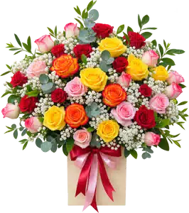 Hộp Hoa Hoa Hồng Tông Đỏ Vàng