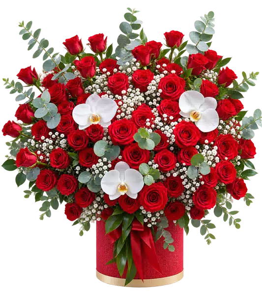 Hộp Hoa Hoa Lan Và Hoa Hồng Tông Đỏ