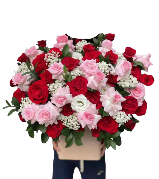 Hộp Hoa Hồng Đỏ và Hồng Phấn phối Cát Tường Trắng