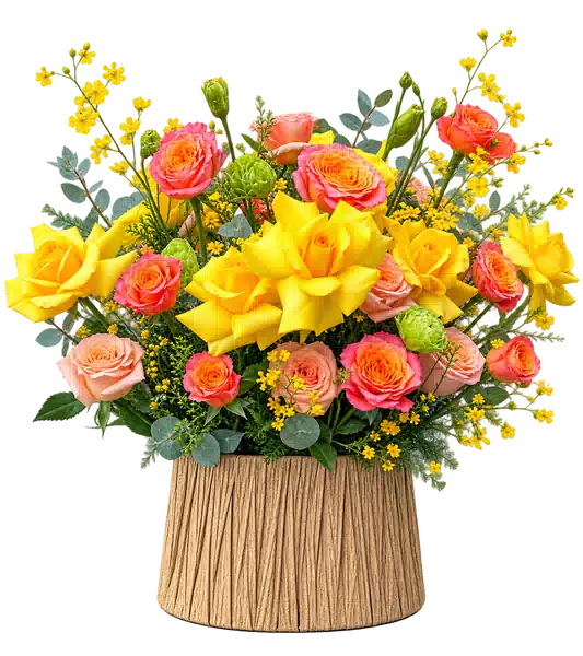Hộp Hoa Hồng Phối Lily Tông Vàng - Cam