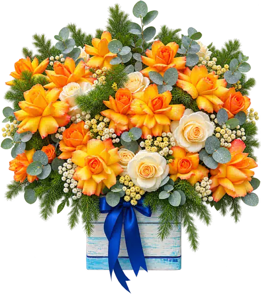 Hộp Hoa Hồng Phối Lily Tông Vàng - Cam