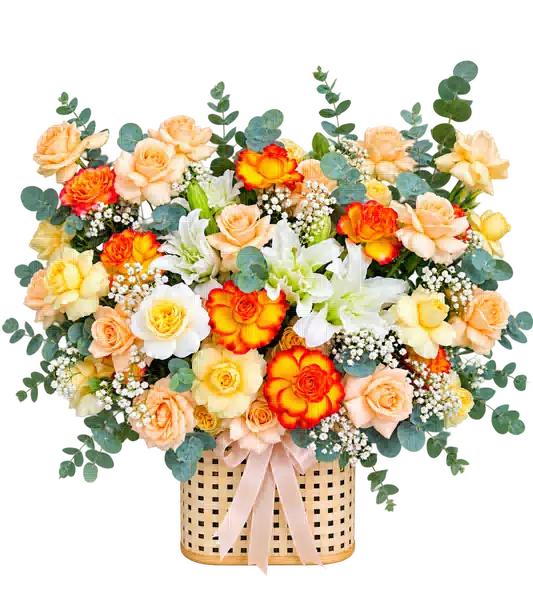 Hộp Hoa Hồng Phối Lily Tông Vàng - Cam