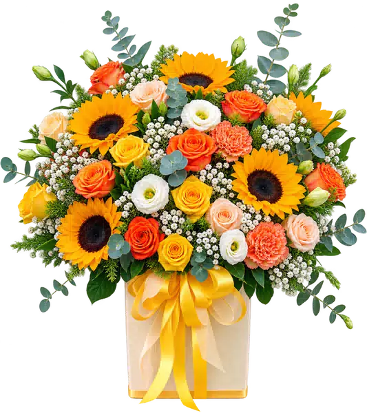 Hộp Hoa Hướng Dương Và Hoa Hồng Tông Cam Vàng
