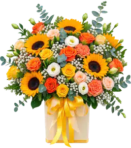 Hộp Hoa Hướng Dương Và Hoa Hồng Tông Cam Vàng