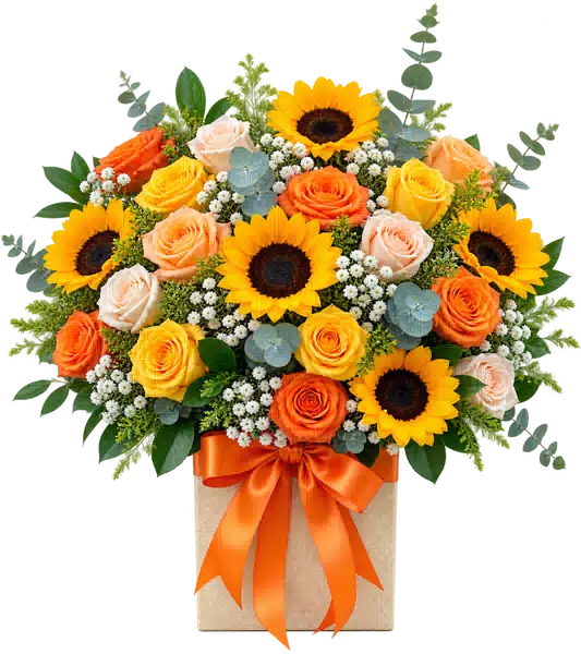 Hộp Hoa Hướng Dương Và Hoa Hồng Tông Cam Vàng