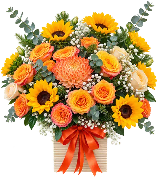Hộp Hoa Hướng Dương Và Hoa Hồng Tông Cam Vàng