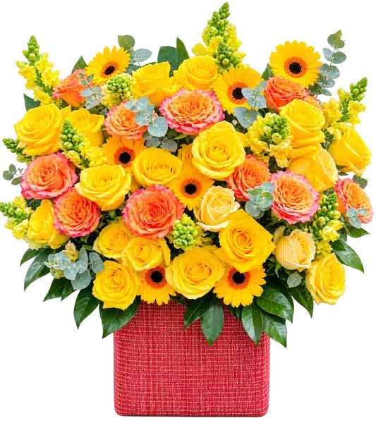 Hộp Hoa Hướng Dương Và Hoa Hồng Tông Vàng Cam