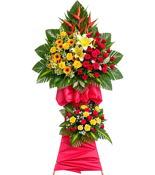 Kệ Hoa Hai Tầng Hướng Dương Phối Lily Và Hồng Môn Tông Đỏ - Vàng