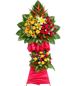 Kệ Hoa Hai Tầng Hướng Dương Phối Lily Và Hồng Môn Tông Đỏ - Vàng