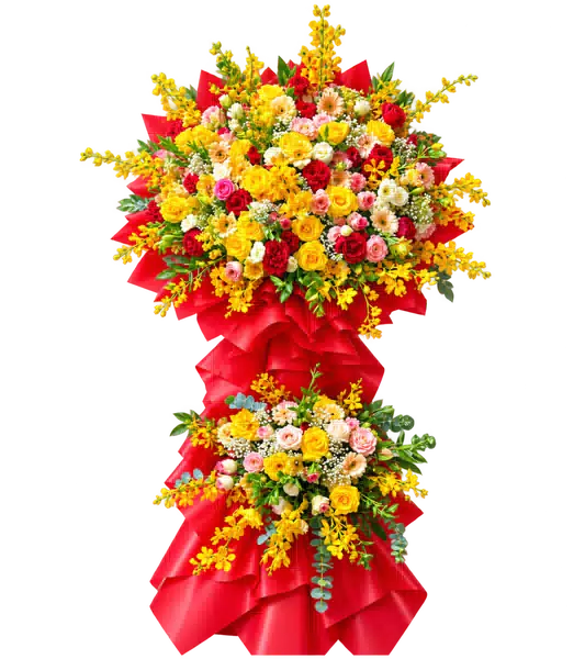 Kệ Hoa Khai Trương Tông Đỏ Vàng