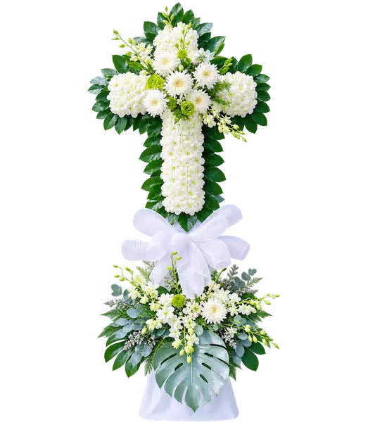 Kệ Hoa Viếng Hình Thánh Giá Trắng Xanh