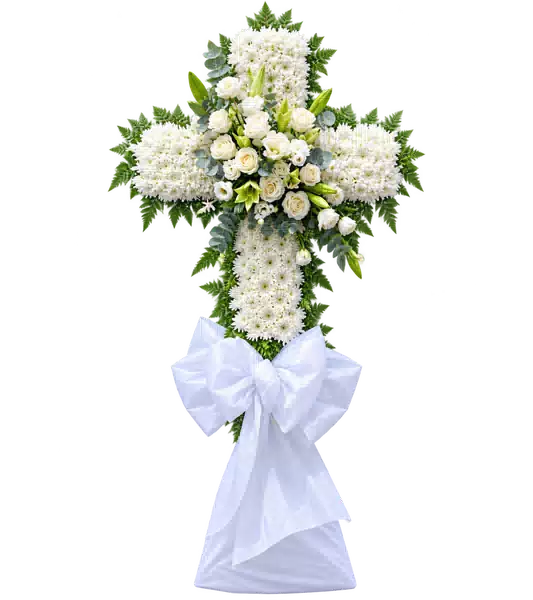 Kệ Hoa Viếng Hình Thánh Giá Trắng Xanh