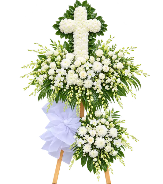 Kệ Hoa Viếng Hình Thánh Giá Trắng Xanh