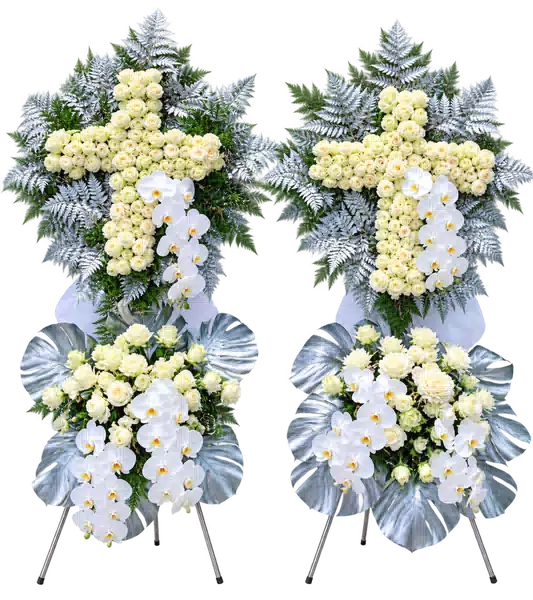 Kệ Hoa Viếng Hình Thánh Giá Trắng Xanh