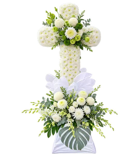 Kệ Hoa Viếng Hình Thánh Giá Trắng Xanh