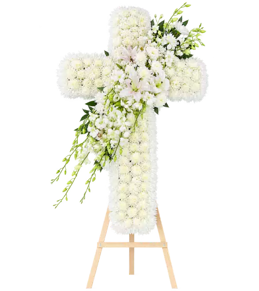 Kệ Hoa Viếng Hình Thánh Giá Trắng Xanh