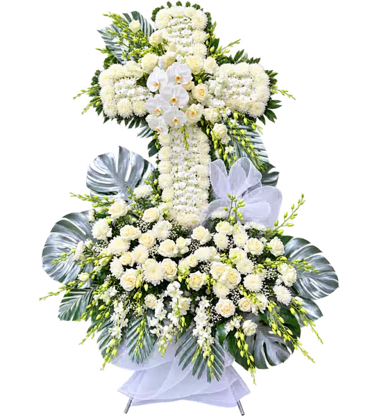 Kệ Hoa Viếng Hình Thánh Giá Trắng Xanh